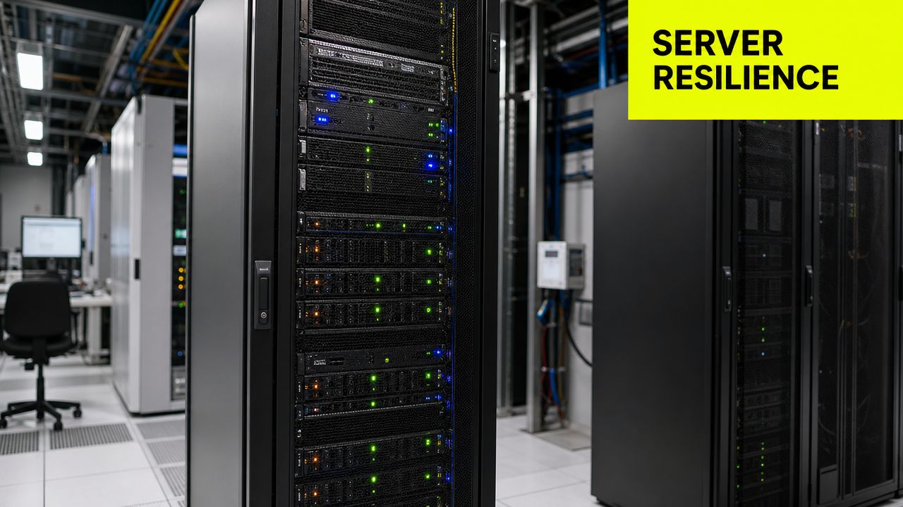 A modern server room featuring rows of tall black server racks with blinking green status indicator lights.