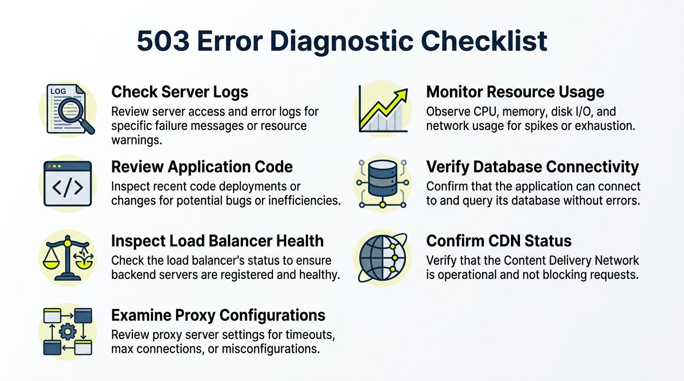 A diagnostic checklist infographic detailing seven essential troubleshooting steps for resolving 503 Service Unavailable web errors.