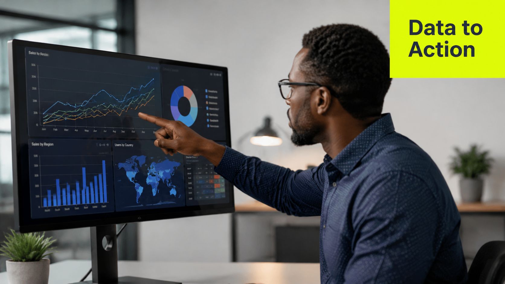 A professional man pointing at complex business data analytics displayed on a large computer monitor.