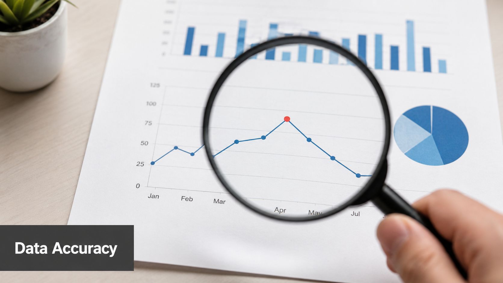 A magnifying glass focusing on a line graph on a paper document during data analysis.