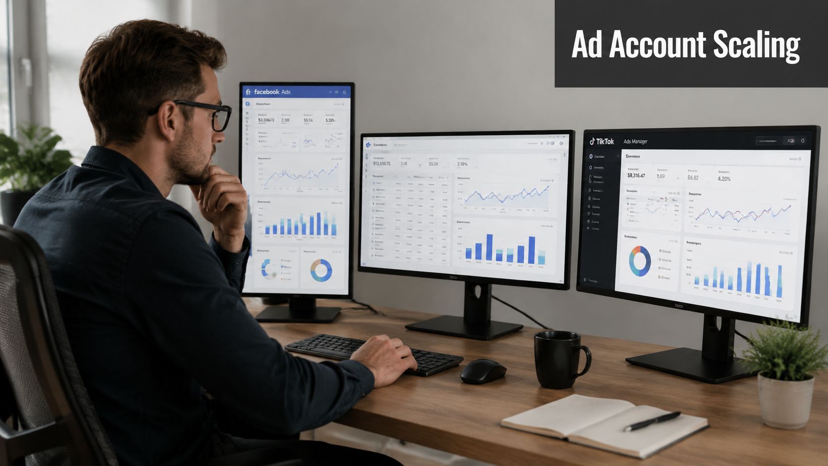 A professional analyzing digital marketing advertising metrics on three computer monitors at a modern wooden desk.