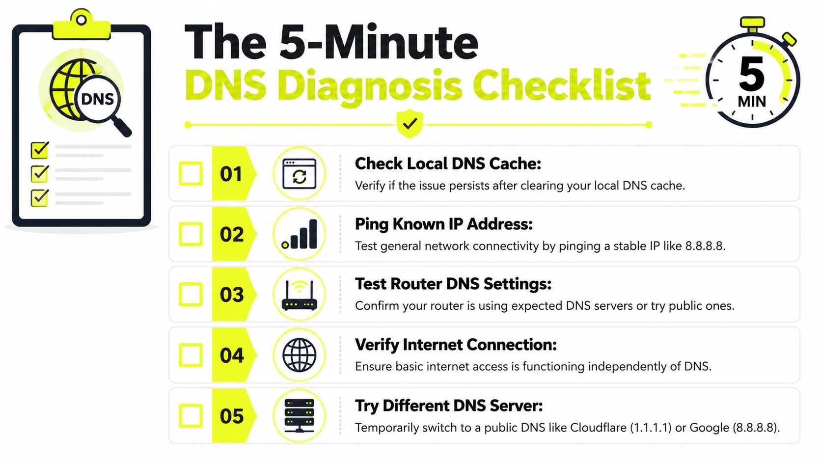 A 5-minute DNS diagnosis checklist illustrating five essential steps for troubleshooting common network and domain name issues.