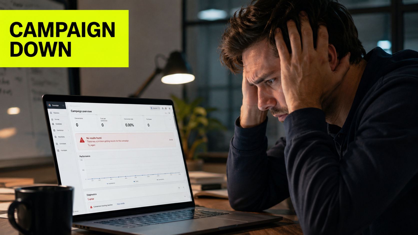 A frustrated marketer looking at a laptop screen showing a campaign error and failed conversion tracking.