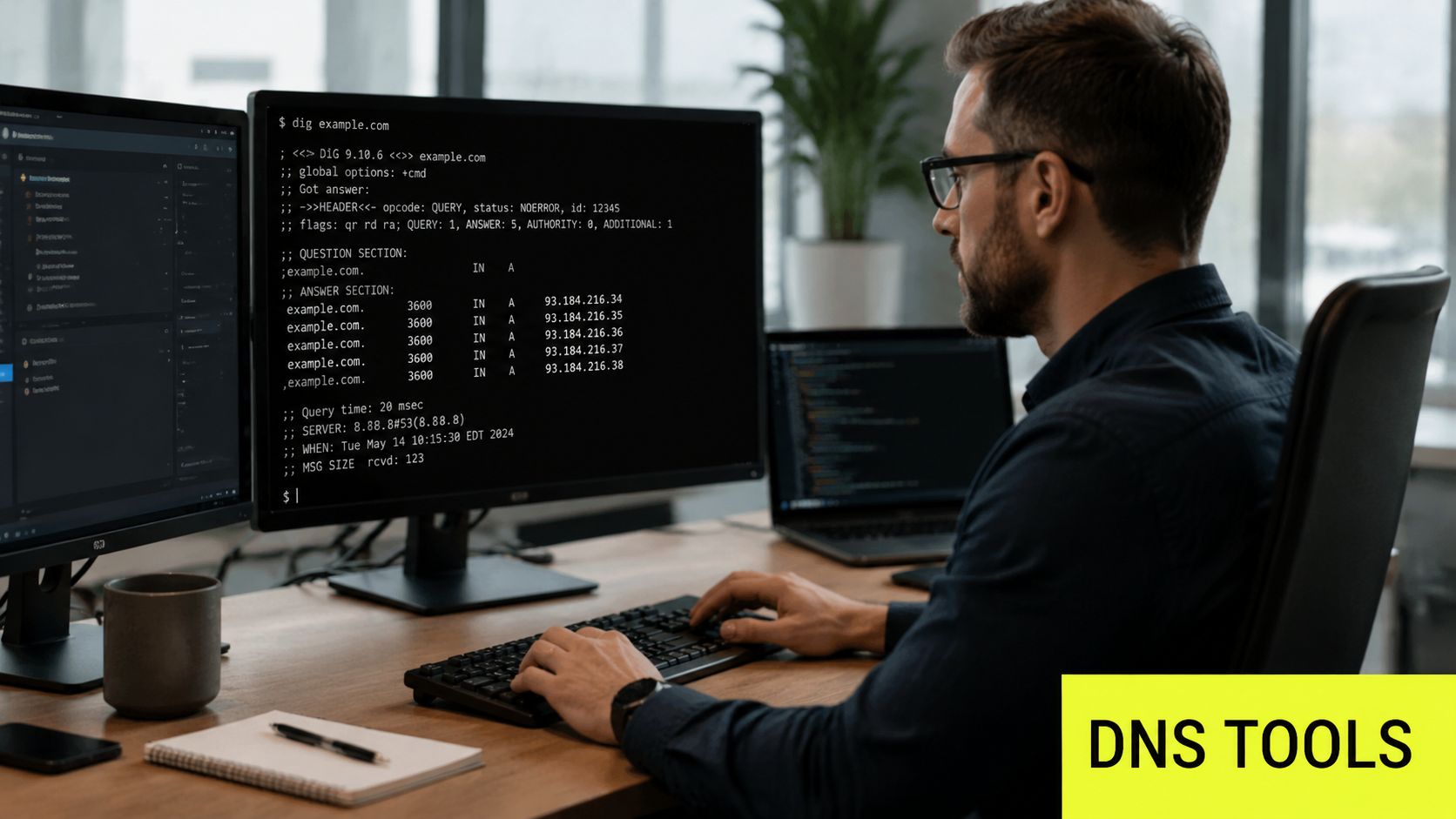 A professional developer using a computer terminal to troubleshoot DNS resolution problems for a specific domain name.