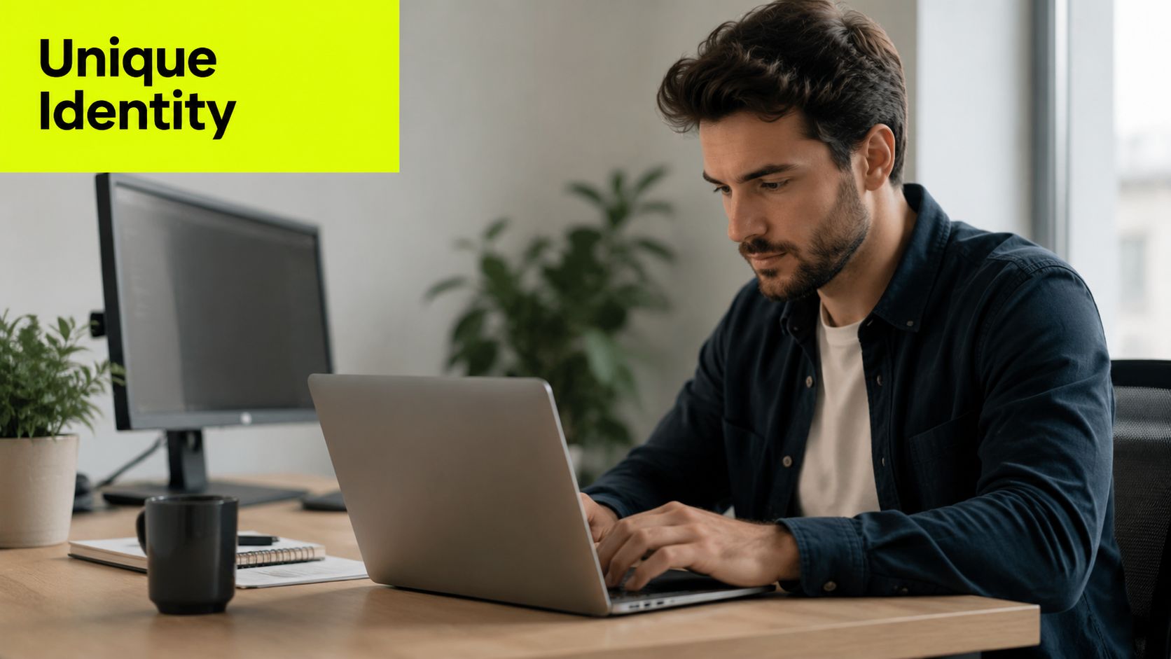 A professional man with a beard working on his laptop at a tidy desk in an office.