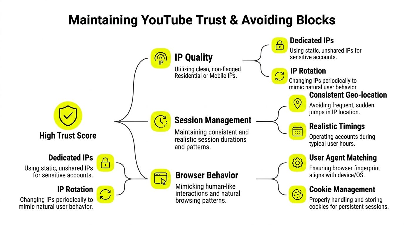 A diagram illustrating strategies for maintaining high trust scores and avoiding blocks when using YouTube.