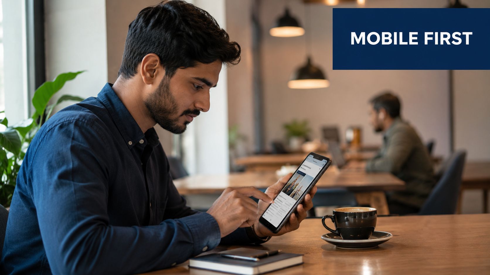 Un hombre con camisa azul marino usando un smartphone mientras está sentado en una mesa con café.