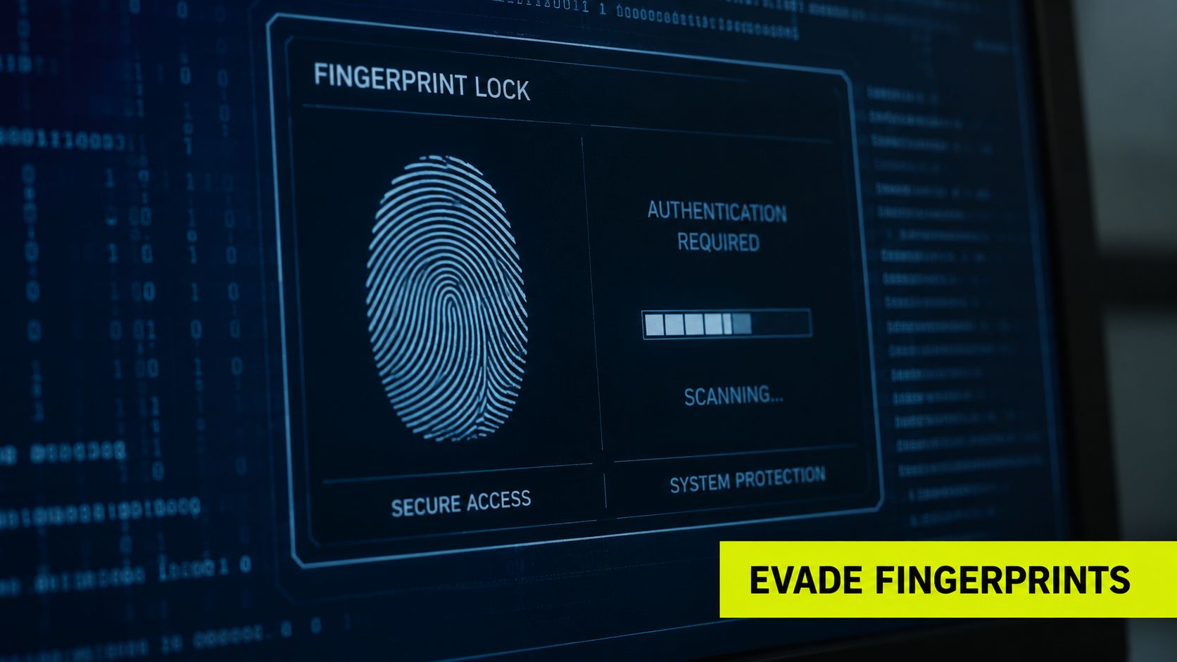 A computer screen displays a digital fingerprint lock interface with a scanning process in progress.