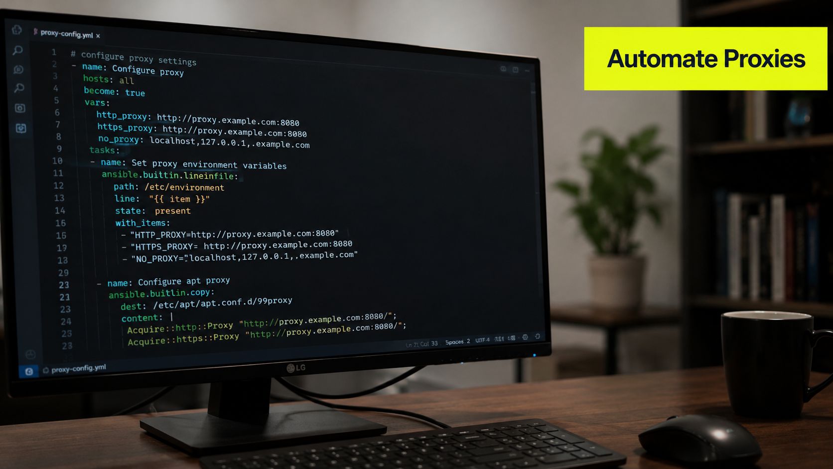 A computer monitor displaying Ansible configuration code for automating system proxy settings in a workspace.