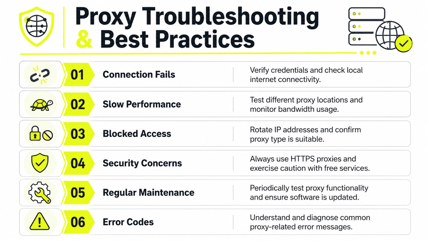 An infographic detailing proxy troubleshooting and best practices for technical connection, security, and maintenance issues.