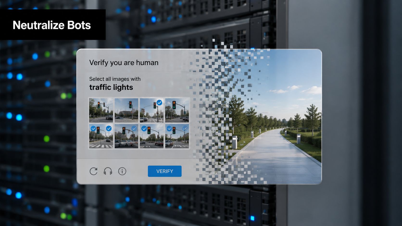 Una pantalla de computadora muestra un desafío de seguridad CAPTCHA que pide al usuario seleccionar imágenes que contengan semáforos.
