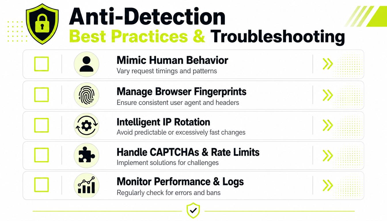 An infographic outlining five essential anti-detection best practices for web scraping and bot management systems.