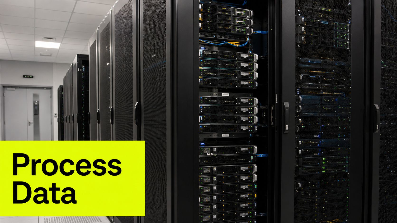 A brightly lit server room with rows of black server racks containing powerful enterprise computing hardware.