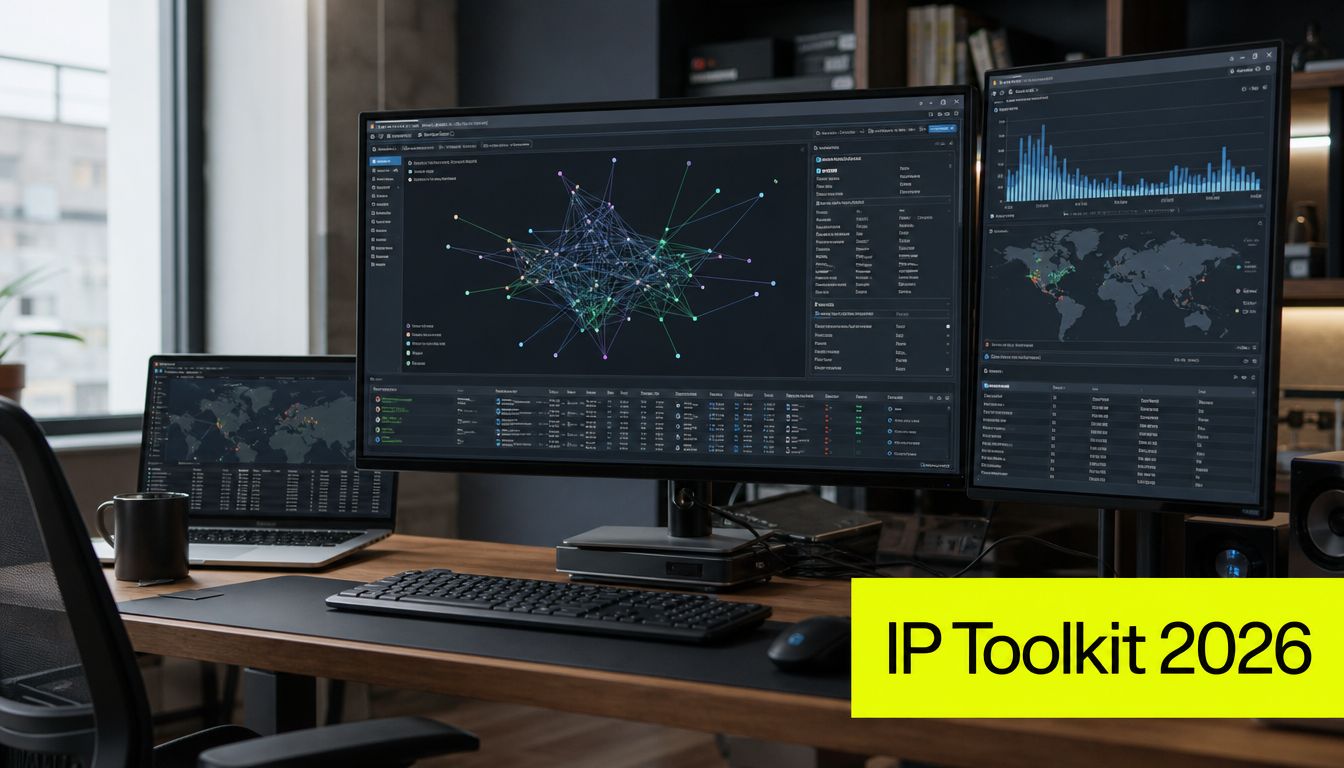 A professional computer workstation displaying network traffic analysis, data maps, and cybersecurity monitoring tools on multiple screens.
