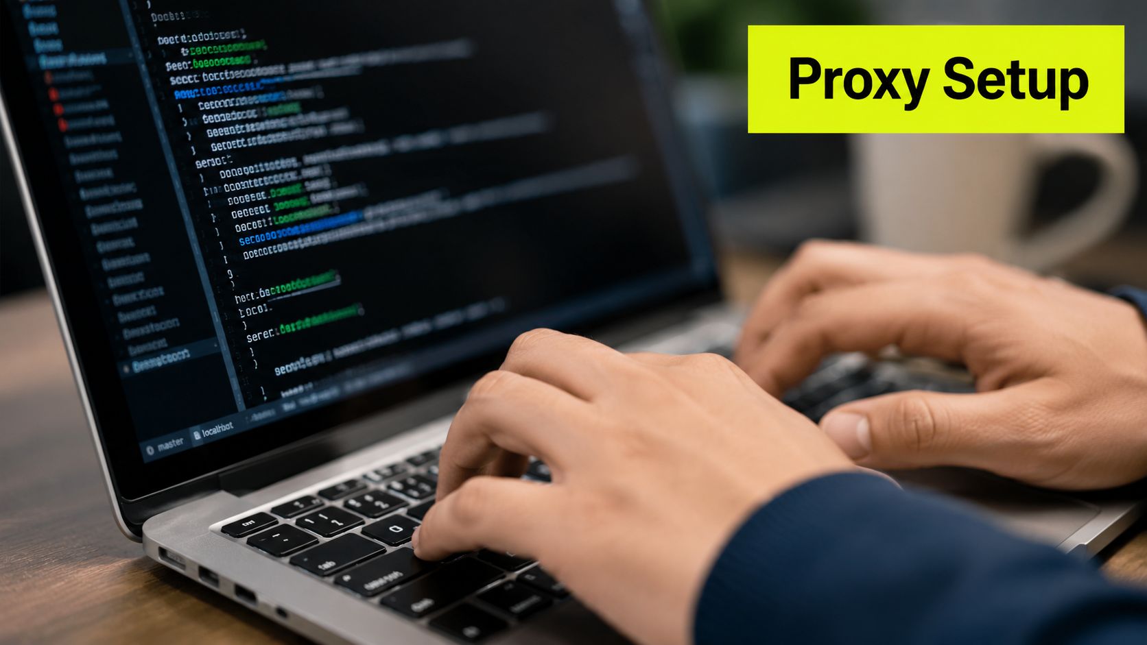 A developer typing on a laptop keyboard with code visible on the screen for proxy setup configuration.