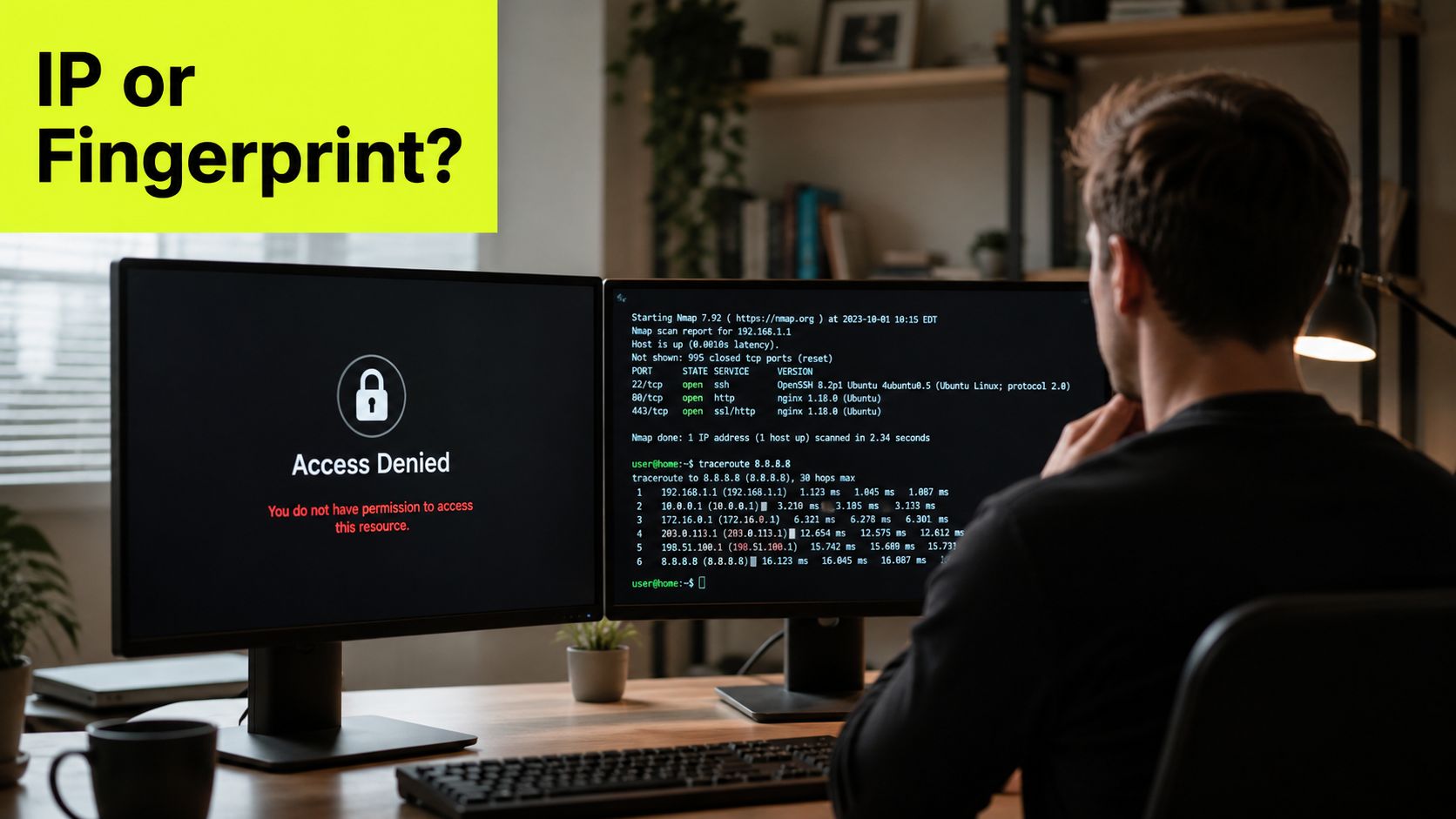 A person viewing Nmap scan results and a traceroute on a dual monitor computer setup.