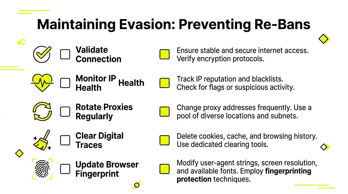 A checklist infographic titled Maintaining Evasion: Preventing Re-Bans, illustrating essential steps for bypassing online tracking and restrictions.