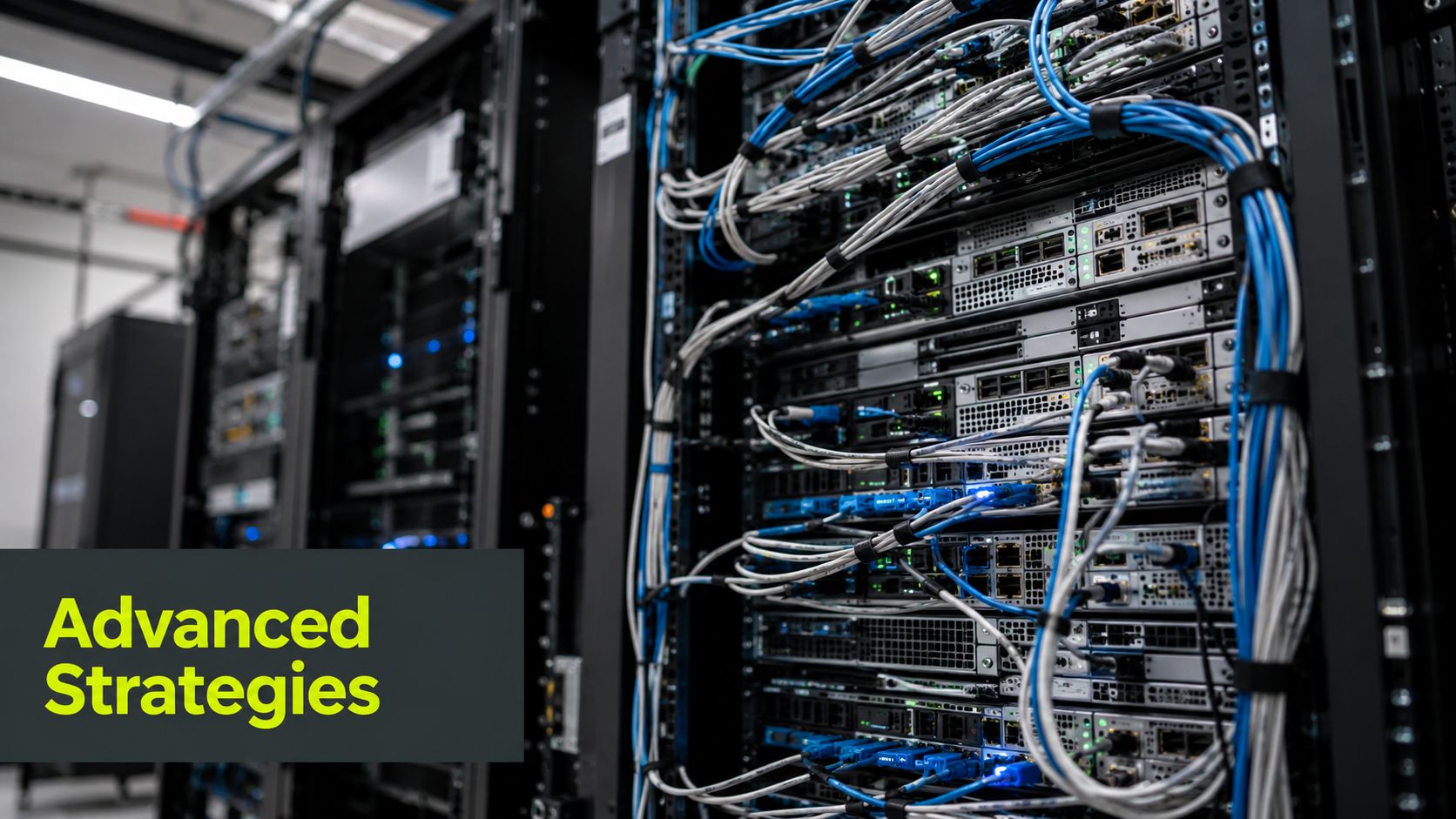 A close-up view of a complex server rack with many connected blue network cables in a data center.