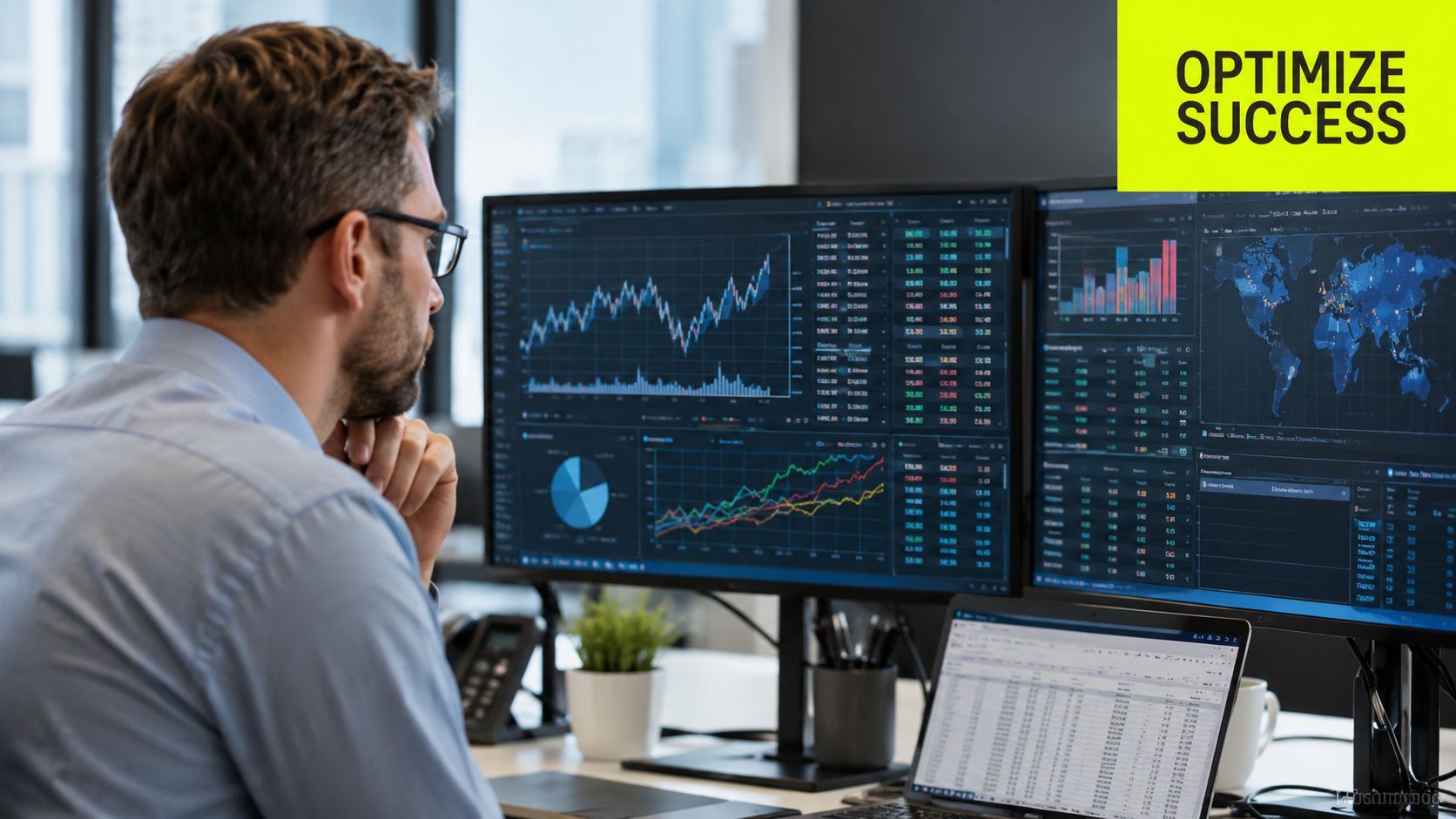 A professional financial analyst reviewing complex data charts and global market maps on multiple computer monitors.