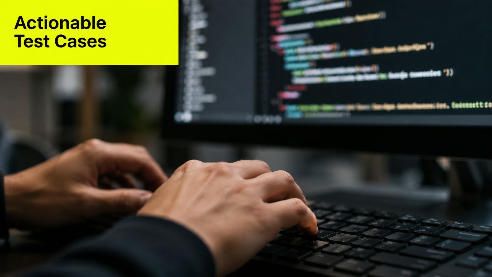 A close-up view of a programmer typing code on a keyboard in a dimly lit office environment.