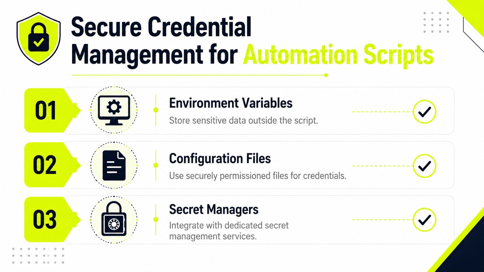A graphic showing three secure credential management methods for automation scripts: Environment Variables, Configuration Files, and Secret Managers.
