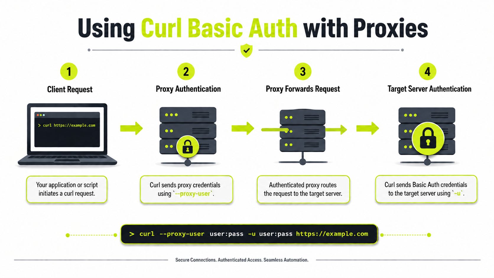 A diagram illustrating how to use curl basic authentication with proxy servers for secure web requests.