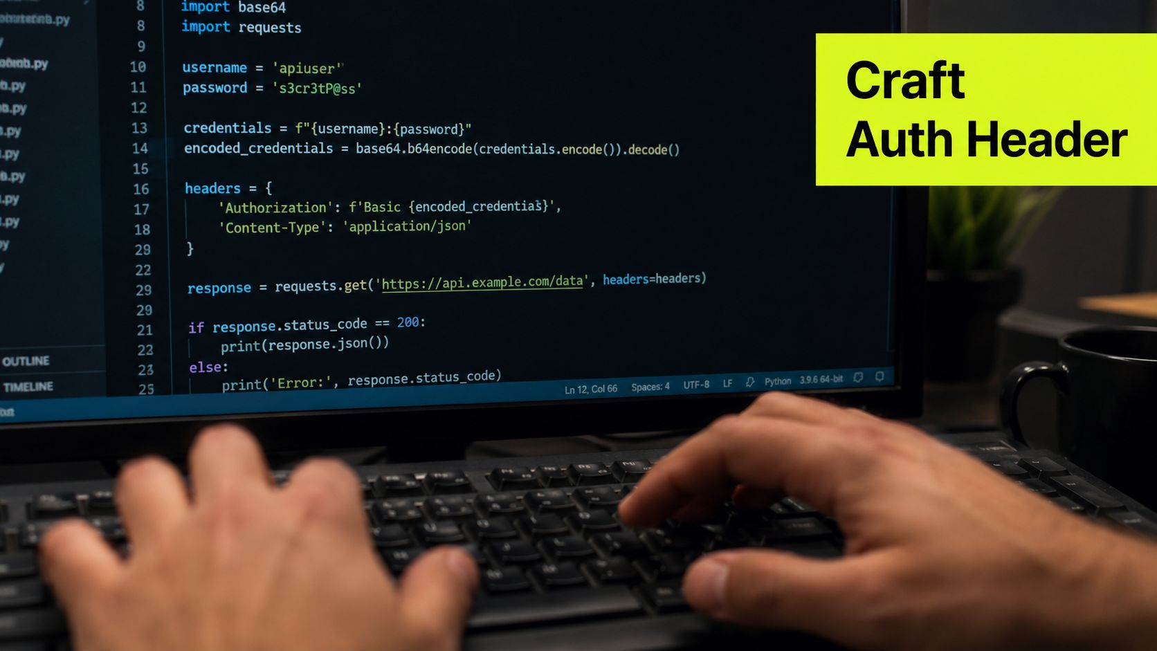 A programmer writing Python code to implement basic authentication for an API request on a computer screen.