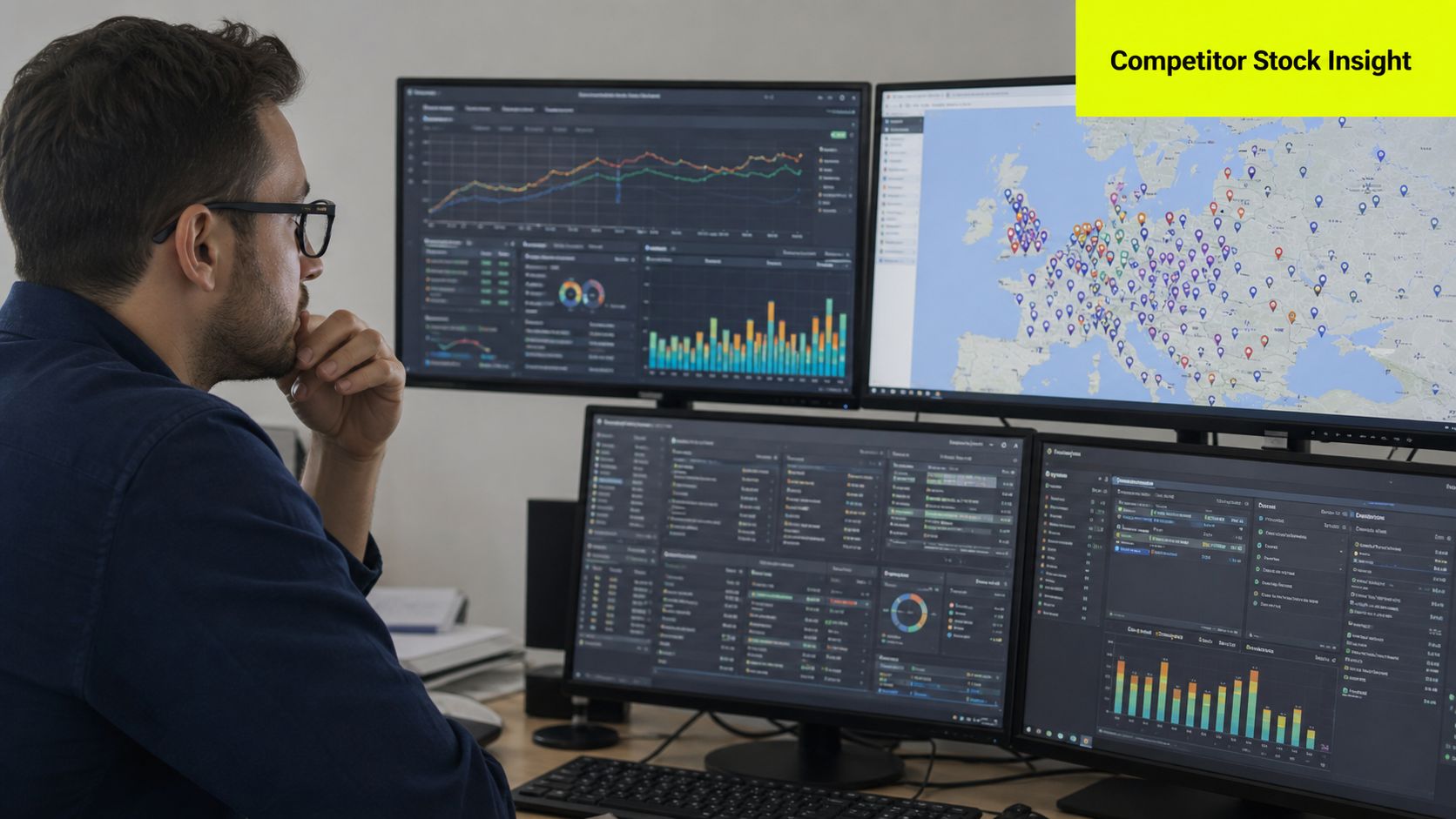 A professional analyzing financial data and logistics inventory across multiple computer monitors in an office setting.