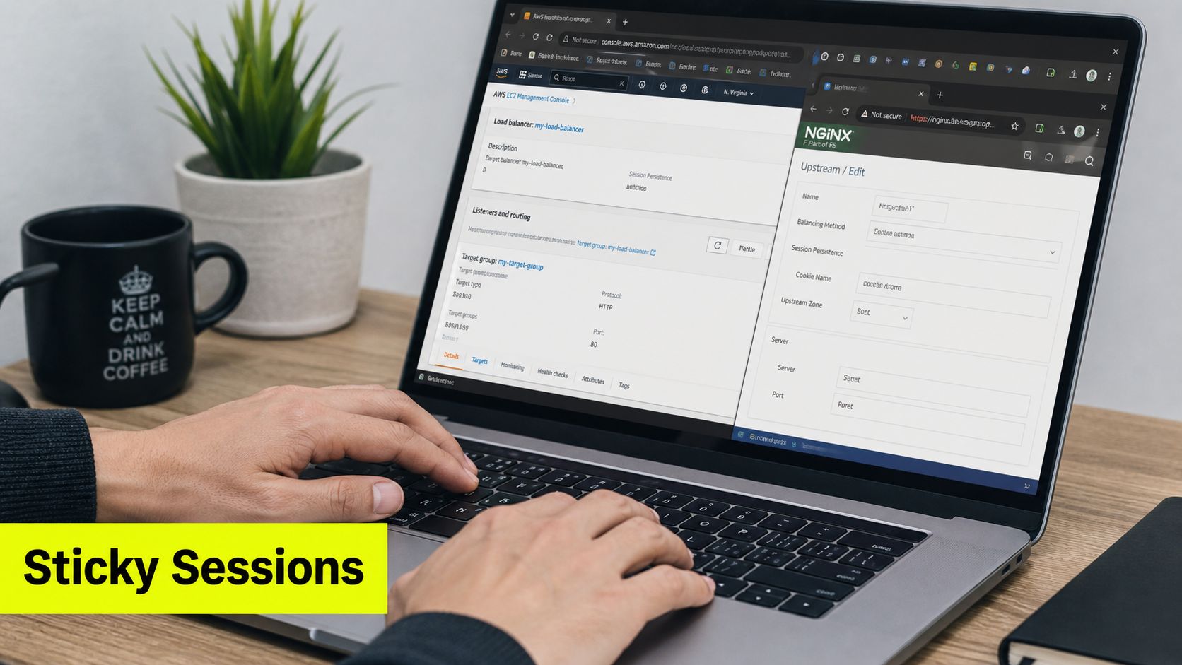 A person using a laptop to manage AWS load balancer and NGINX settings for session persistence configuration.