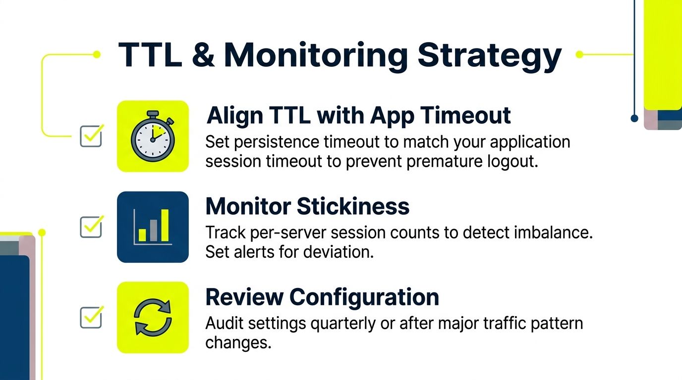 A slide titled TTL and Monitoring Strategy showing steps to manage server session persistence effectively.