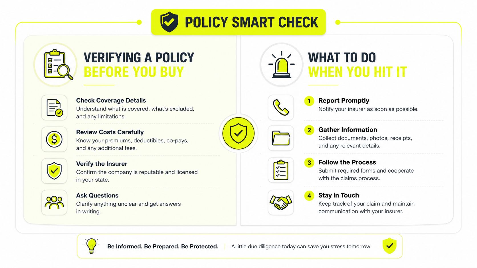 An infographic titled Policy Smart Check explaining how to verify insurance policies and handle claims process.