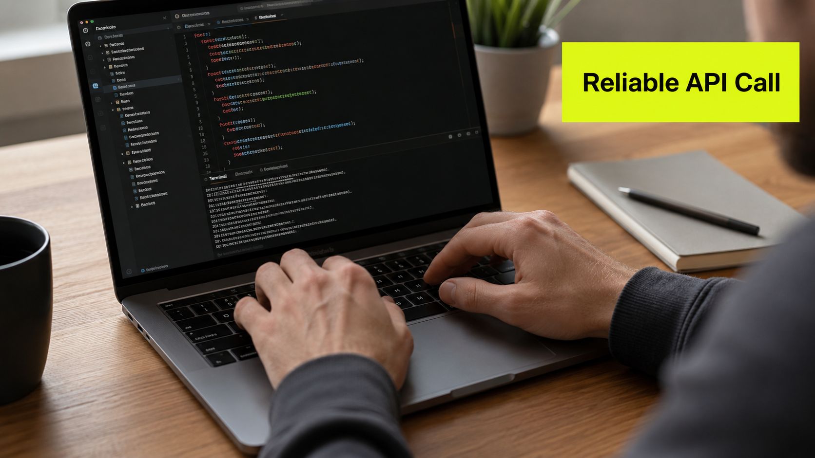 A developer coding on a laptop in a modern workspace, focusing on writing code and API integration.