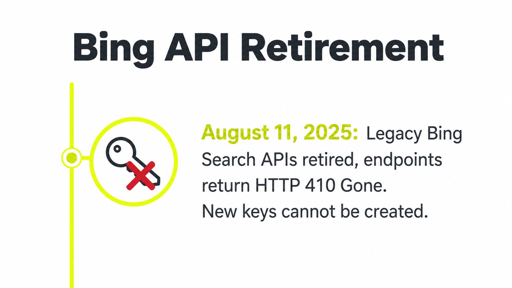 An infographic announcing the August 11, 2025 retirement of legacy Bing Search APIs and new key creation.