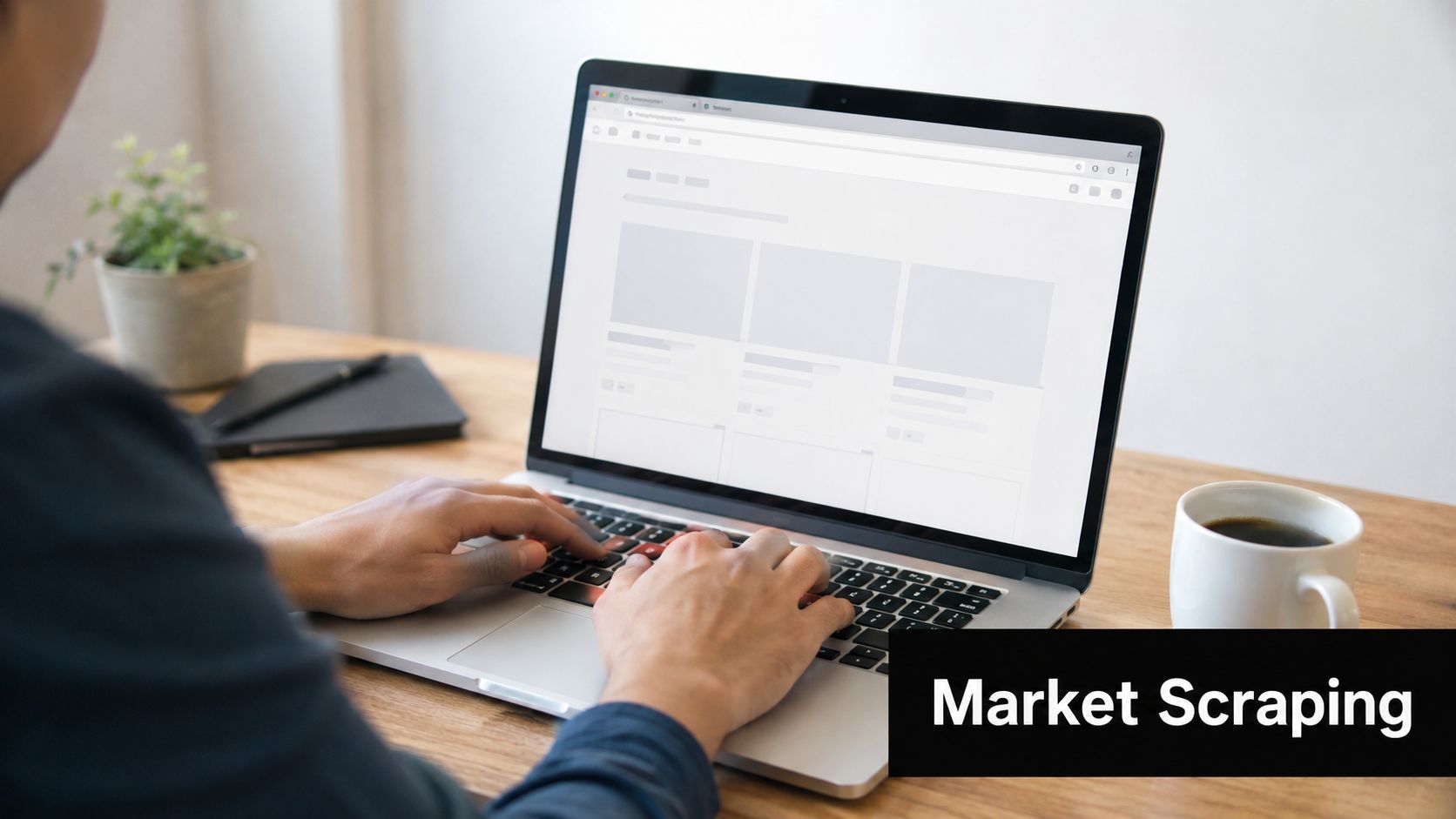 A person using a laptop to perform market scraping for data collection and online market research.