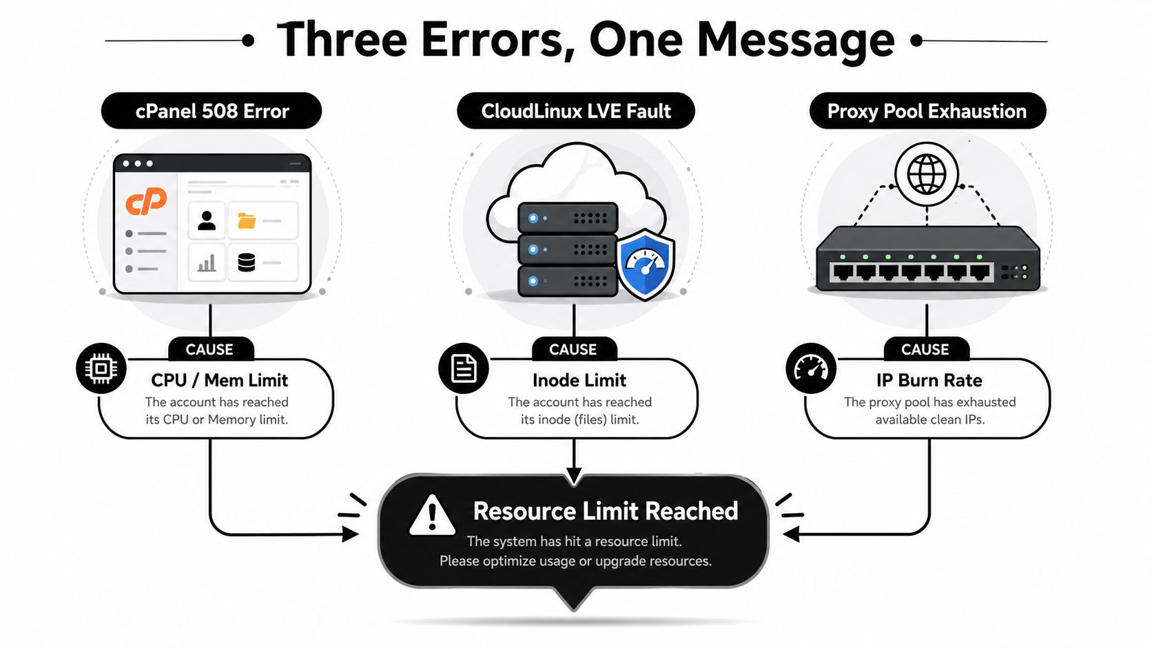 A diagram explaining that three different errors result in the same resource limit reached warning message.