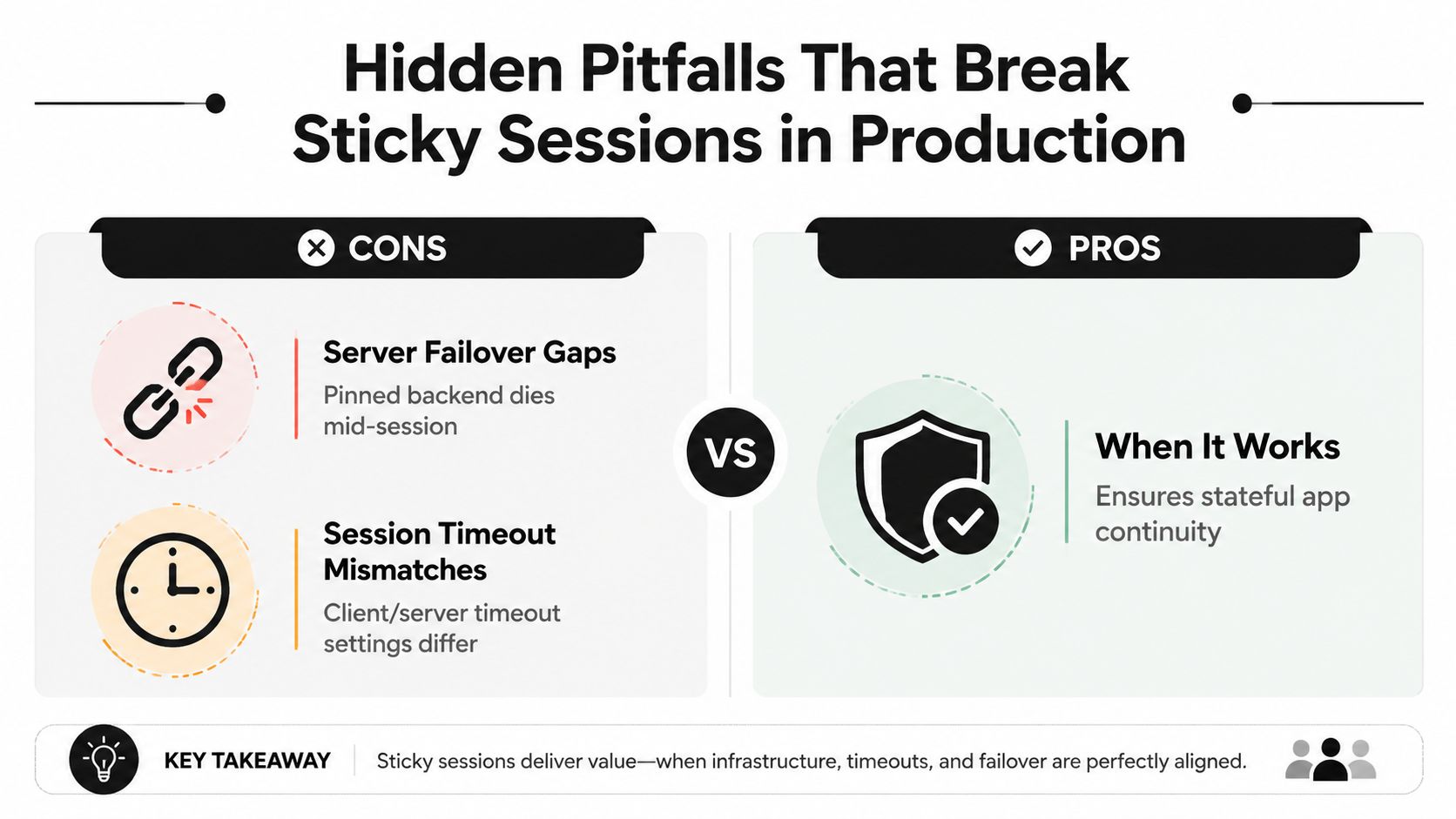 An infographic showing the pros and cons of sticky sessions in web infrastructure and server management.