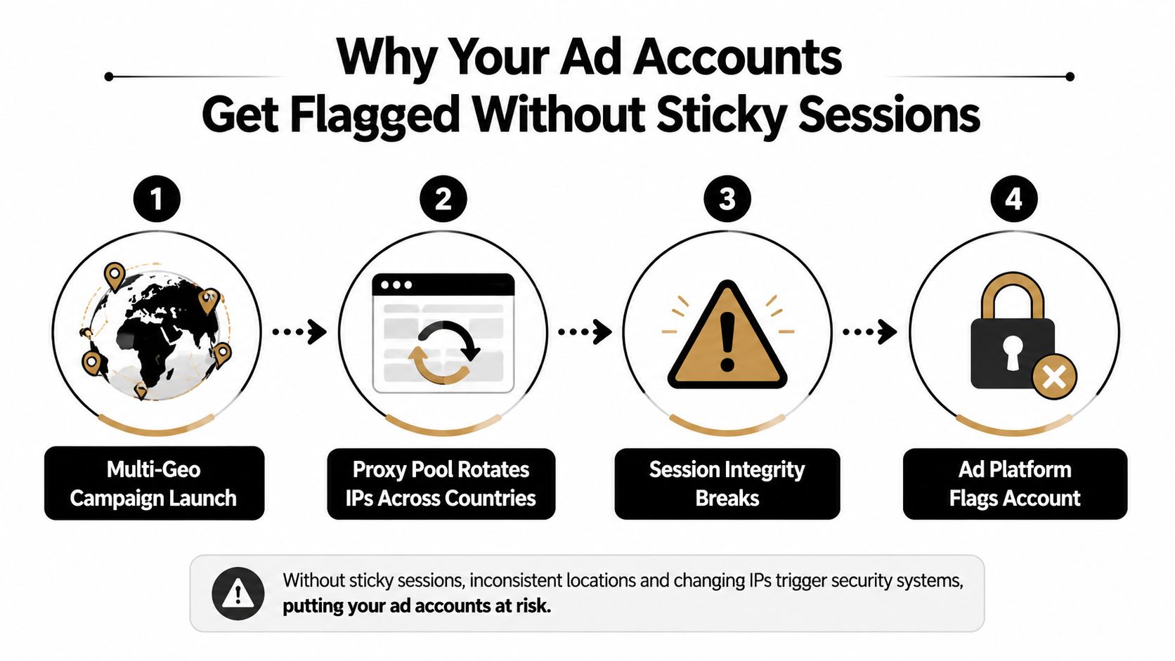 A four-step infographic explaining how rotating proxy IP addresses without sticky sessions leads to ad account bans.