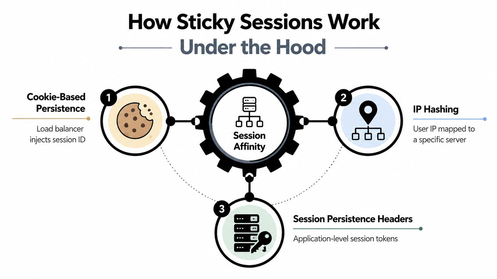 A diagram explaining sticky sessions with cookie-based persistence, IP hashing, and session persistence headers for load balancing.